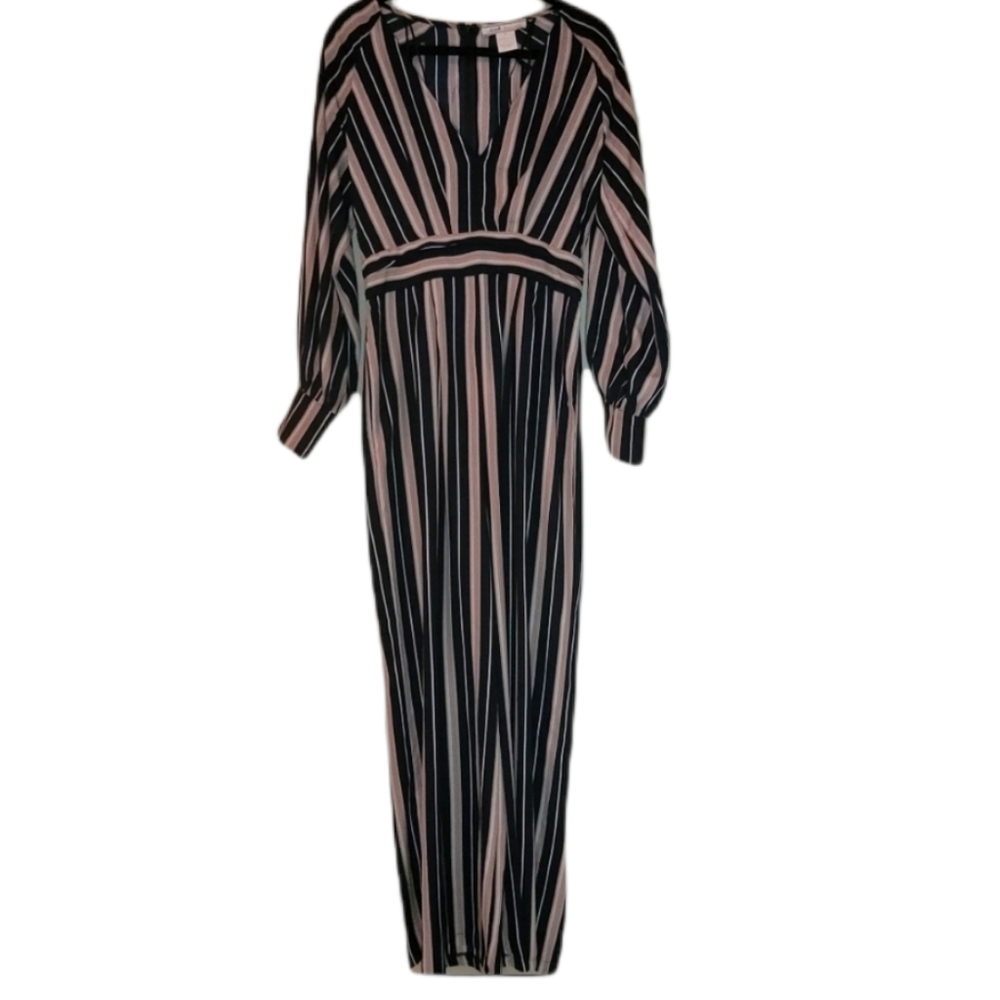 Flying Tomato navy blue & tan jumpsuit. V neckline